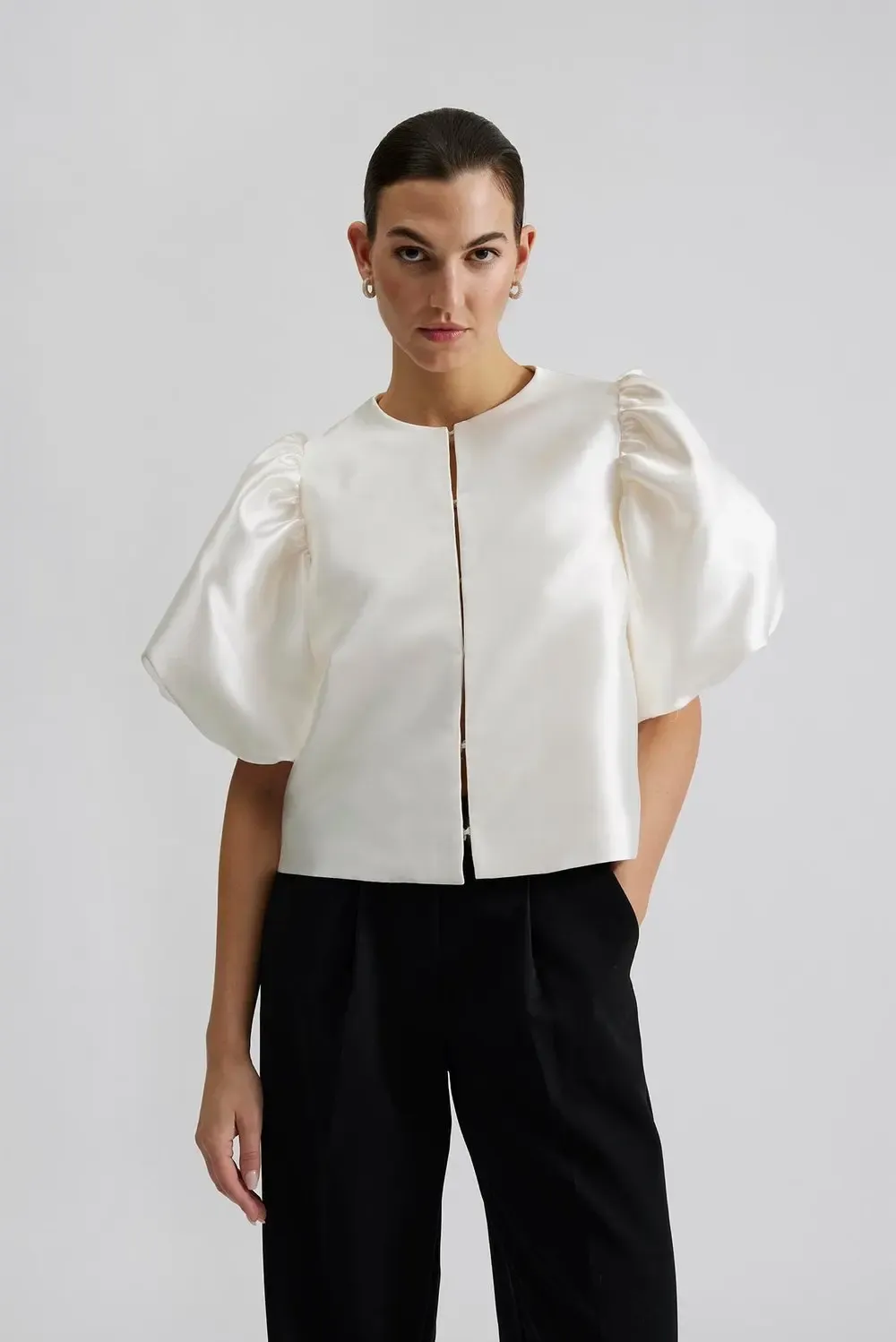 MALINA, Cleo Round-Neck Puff-Shoulder Woven Blouse