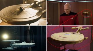 (Clockwise from top, left) the new teaser, TNG episode "I, Borg" (Season 5, Episode 23), a close up of the TNG model, "Picard" episode "Remembrance" (Season 1, Episode 1).