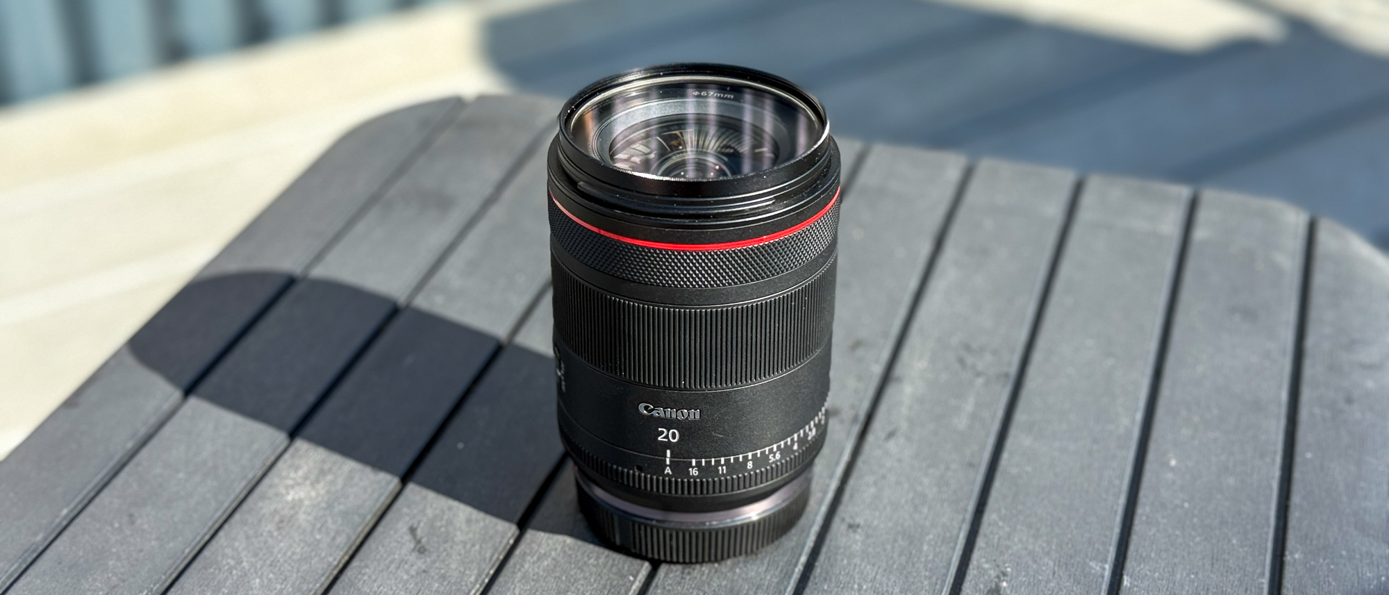 Canon RF 20mm f/1.4L VCM on a table