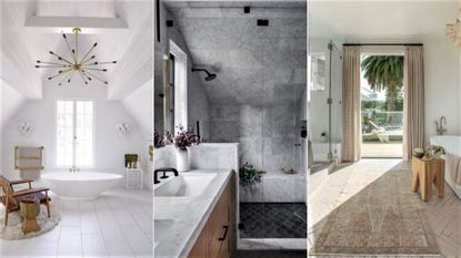 Three minimalist bathrooms in white and gray
