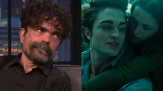 Peter Dinklage on Seth Meyers next to picture of Robert Pattinson and Kristen Stewart's Edward and Bella in Twilight
