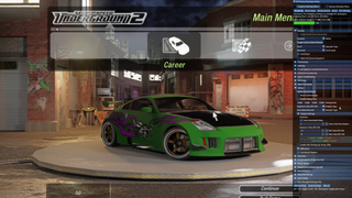 A screenshot from Need For Speed Underground 2 with RTX Remix enabled and the on-screen menu displayed.
