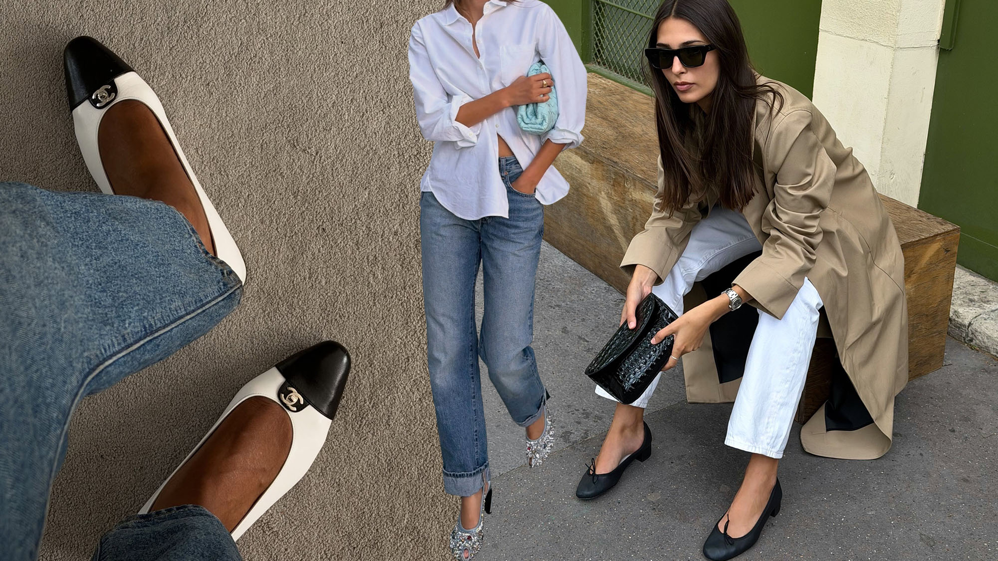 Collage of influencers in 2026 wearing jeans and fall shoes trends