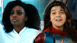 Teyonah Parris as Monica Rambeau and Iman Vellani as Kamala Khan in "The Marvels."