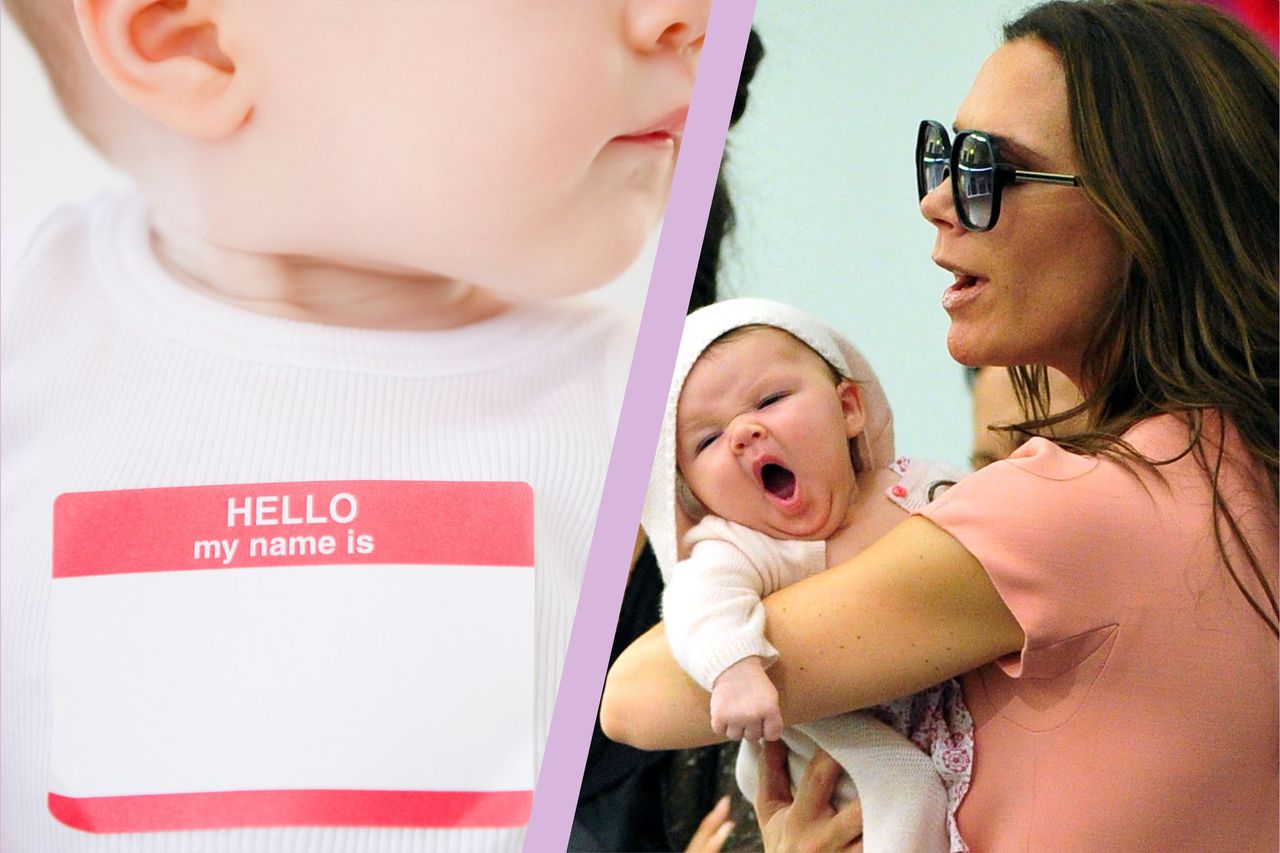 Victoria Beckham holding daughter Harper Beckham when she was a baby and split layout with a baby with empty name label