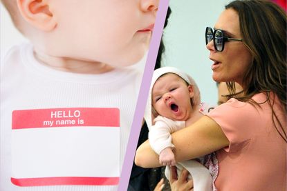 Victoria Beckham holding daughter Harper Beckham when she was a baby and split layout with a baby with empty name label