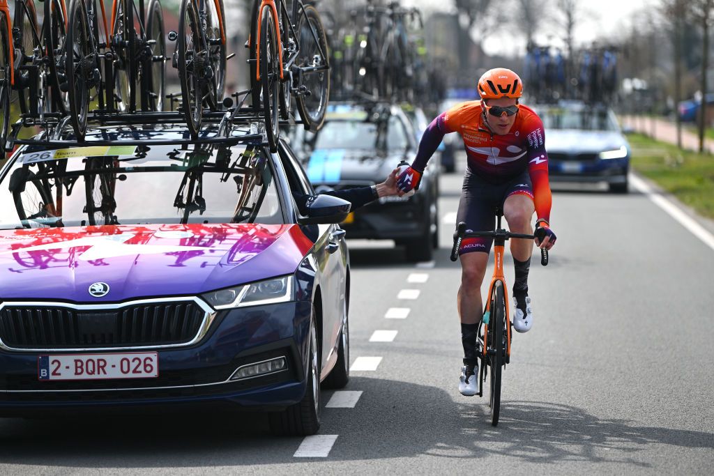 SCHOTEN BELGIUM APRIL 05 Gijs Van Hoecke of Belgium and Team Human Powered Health assited by the team car during the 111th Scheldeprijs 2023 Mens Elite a 2053km one day race from Terneuzen to Schoten on April 05 2023 in Schoten Belgium Photo by Luc ClaessenGetty Images