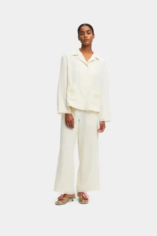 Sleeper Sofia Linen Embroidered Pants in Off-White