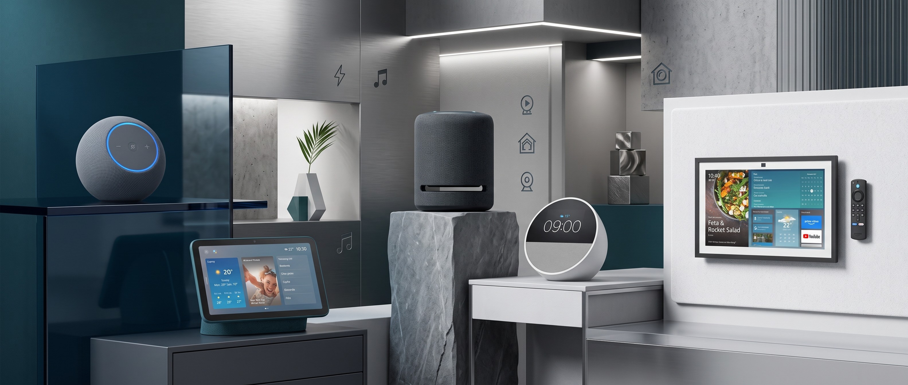 A selection of Amazon Echo devices arranged in an AI-generated image.