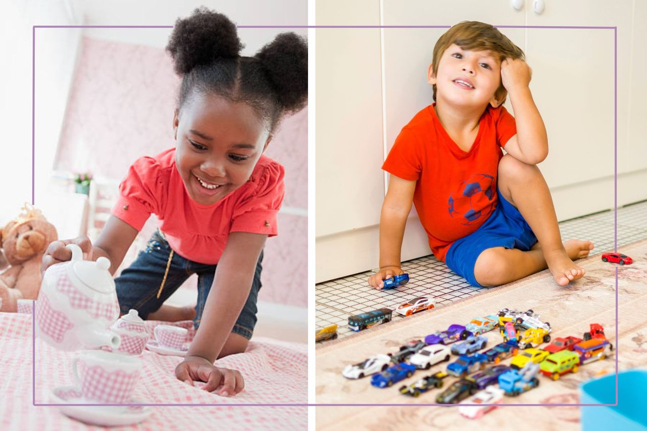 Mixed image of a girl with pink teaset and boy wth cars