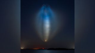 A blue and yellow jellyfish-shaped light shines in the night sky. 