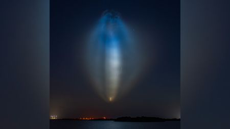 A blue and yellow jellyfish-shaped light shines in the night sky. 