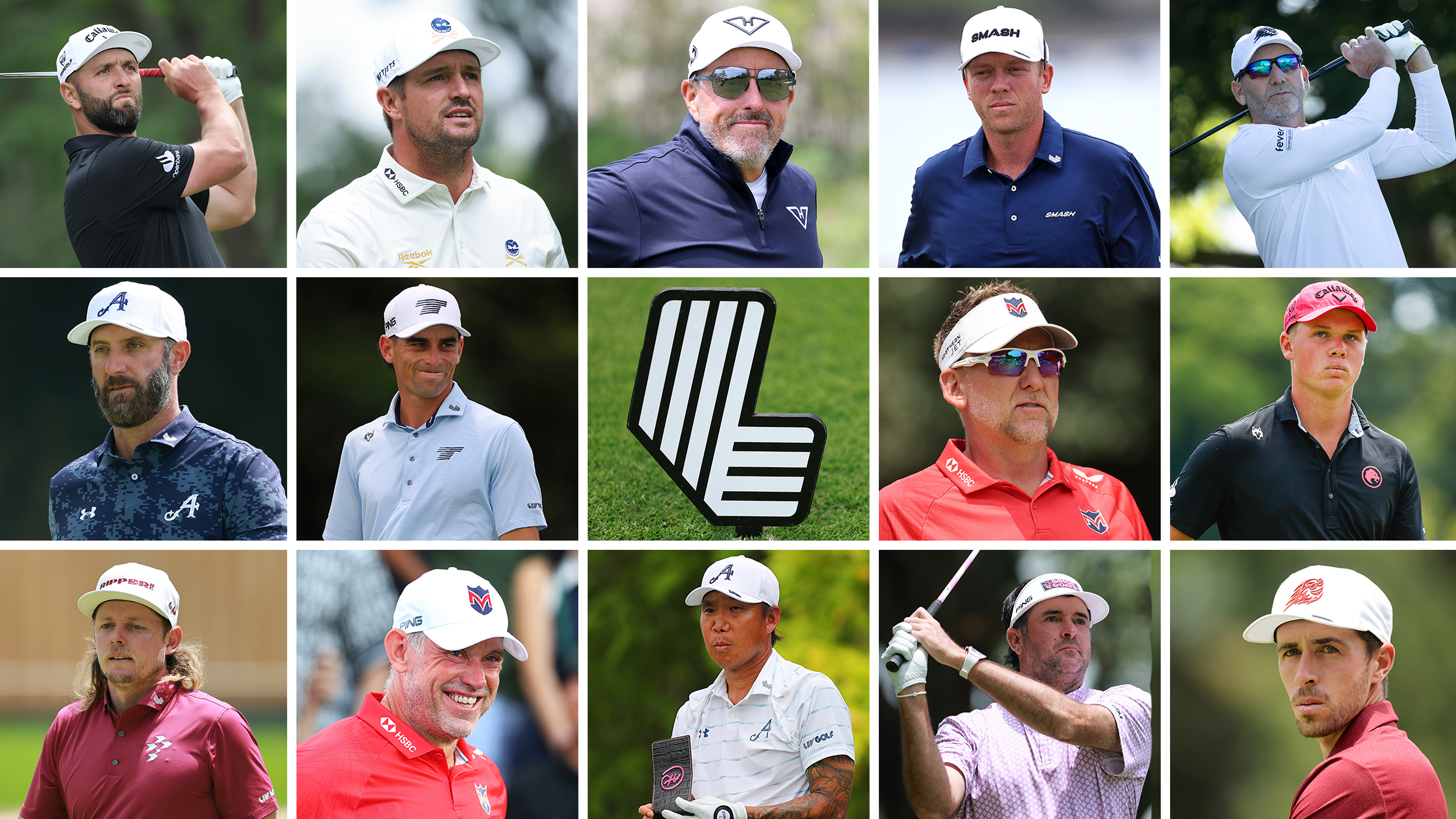 14 LIV Golfers and a LIV Golf logo centered in a montage