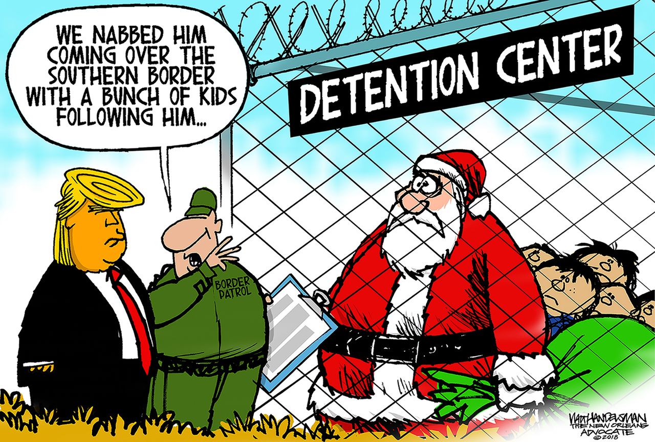 Political cartoon U.S. Trump border patrol Santa Claus children detention center