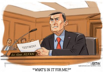 Political Cartoon U.S. Michael Flynn Russia blackmail scandal hearing testimony