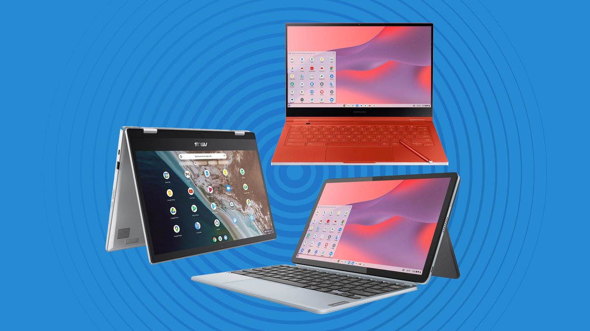 A Samsung Chromebook, Asus Chromebook and Lenovo Chromebook on a blue background