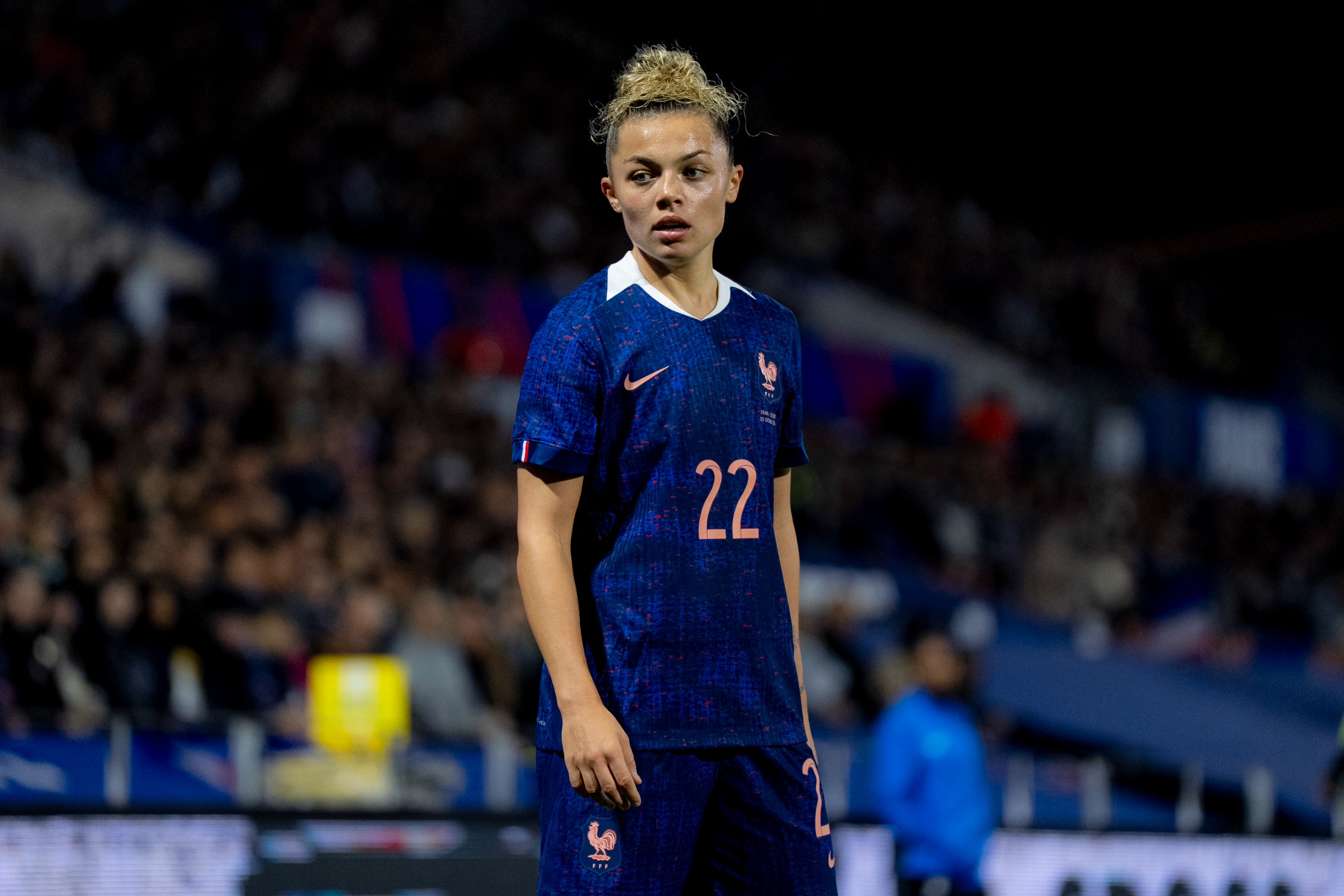 Oc&amp;eacute;ane Hurtre of France looks on during the Women's International friendly match between France and Latvia at Stade Francis Le Basser on October 10, 2026 in Laval, France.