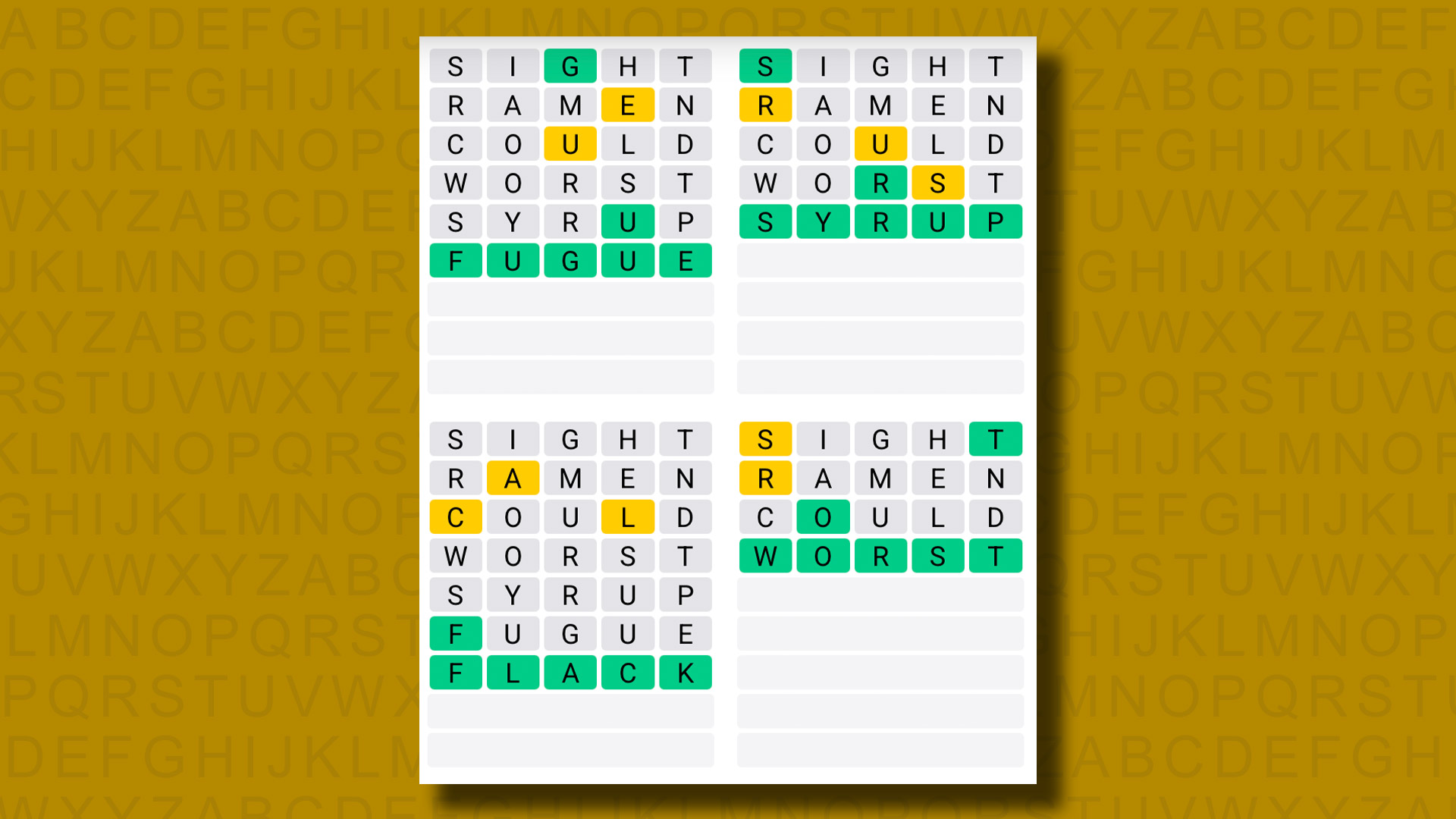 Quordle answers for game 1226 on a yellow background