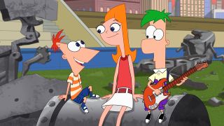 The titular characters Phineas and Ferb with their sister, Candace.