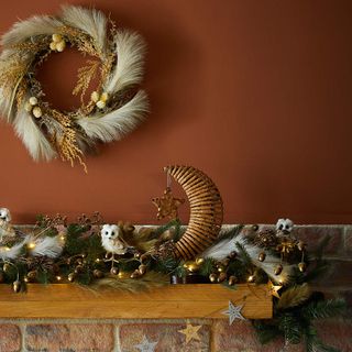 Wooden mantelpiece with Christmas decorations