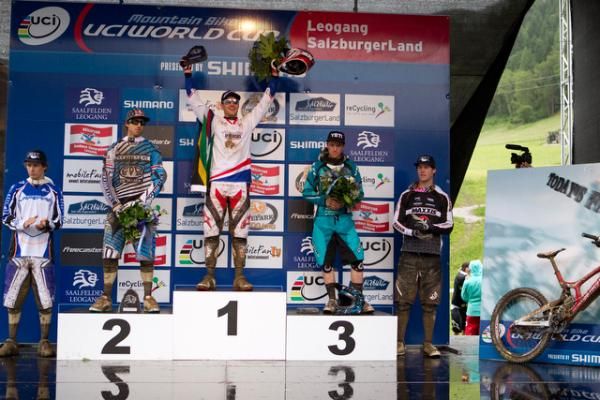 Men's downhill podium (left to right): Sam Blenkinsop, Gee Atherton, Greg Minnaar, Aaron Gwin, Cameron Cole