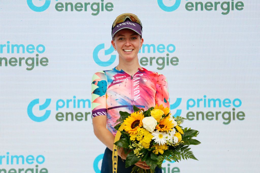 LENZERHEIDE SWITZERLAND JUNE 21 Pauliena Rooijakkers of The Netherlands and Team CanyonSRAM Racing celebrates winning the third place on the podium ceremony after the 2nd Tour de Suisse Women 2022 Stage 4 a 985km stage from Chur to Lantsch Lenz tourdesuisse2022 on June 21 2022 in Lenzerheide Switzerland Photo by Heinz ZwickyGetty Images