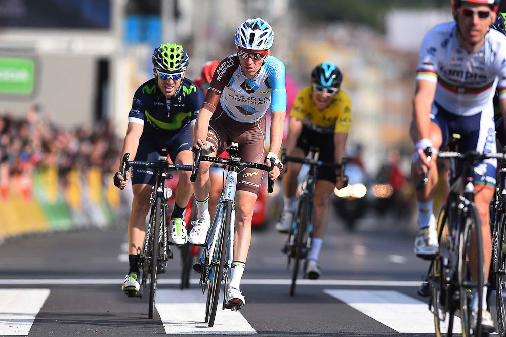 Romain Bardet arrives at the finish of Paris-Nice