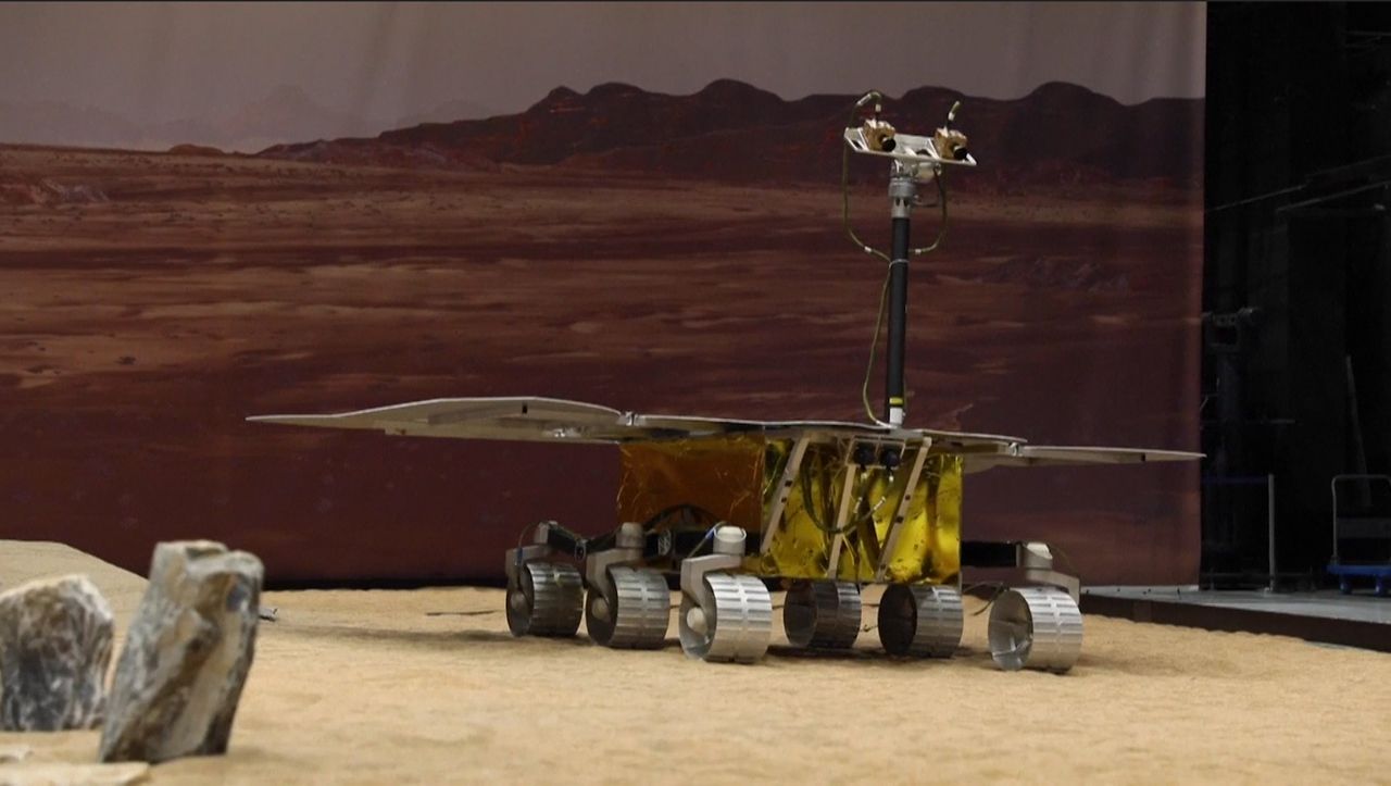 China's Tianwan-1 Mars rover is pictured at the "Mars yard," a simulated Red Planet testing ground at the China Academy of Space Technology in Beijing.