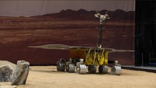 China's Tianwan-1 Mars rover is pictured at the "Mars yard," a simulated Red Planet testing ground at the China Academy of Space Technology in Beijing, China.