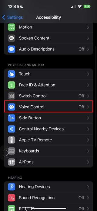 Voice Control in Settings iOS 16