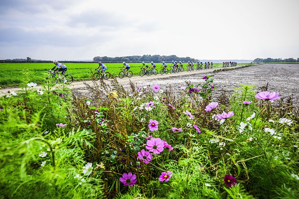 The pack of riders pictured in action during the men elite race at the UCI World Gravel Championships, Sunday 12 October 2025, in Maastricht, The Netherlands. BELGA PHOTO DIRK WAEM (Photo by DIRK WAEM / BELGA MAG / Belga via AFP)