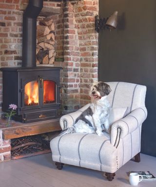 Cream and black striped 100% organic flax armchair with fireplace, exposed brick wall and white dog sat on armchair