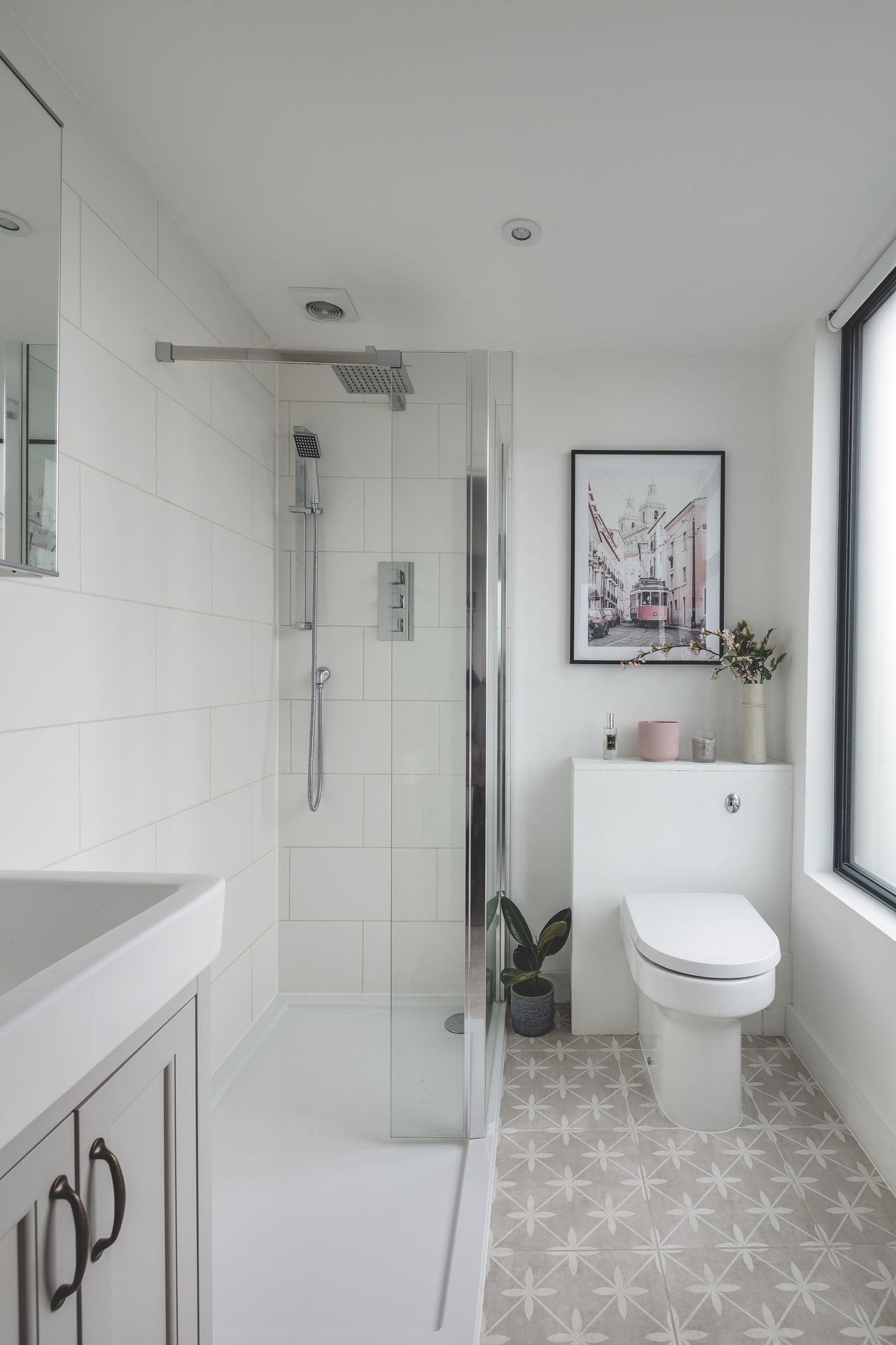 The new bathroom is finished with Laura Ashley tiles and sanitaryware sourced from Victoria Plum and Victorian Plumbing.