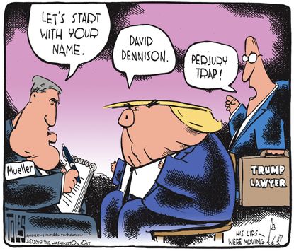 Political cartoon U.S. Trump Russia investigation Mueller David Dennison Stormy Daniels affair allegations perjury