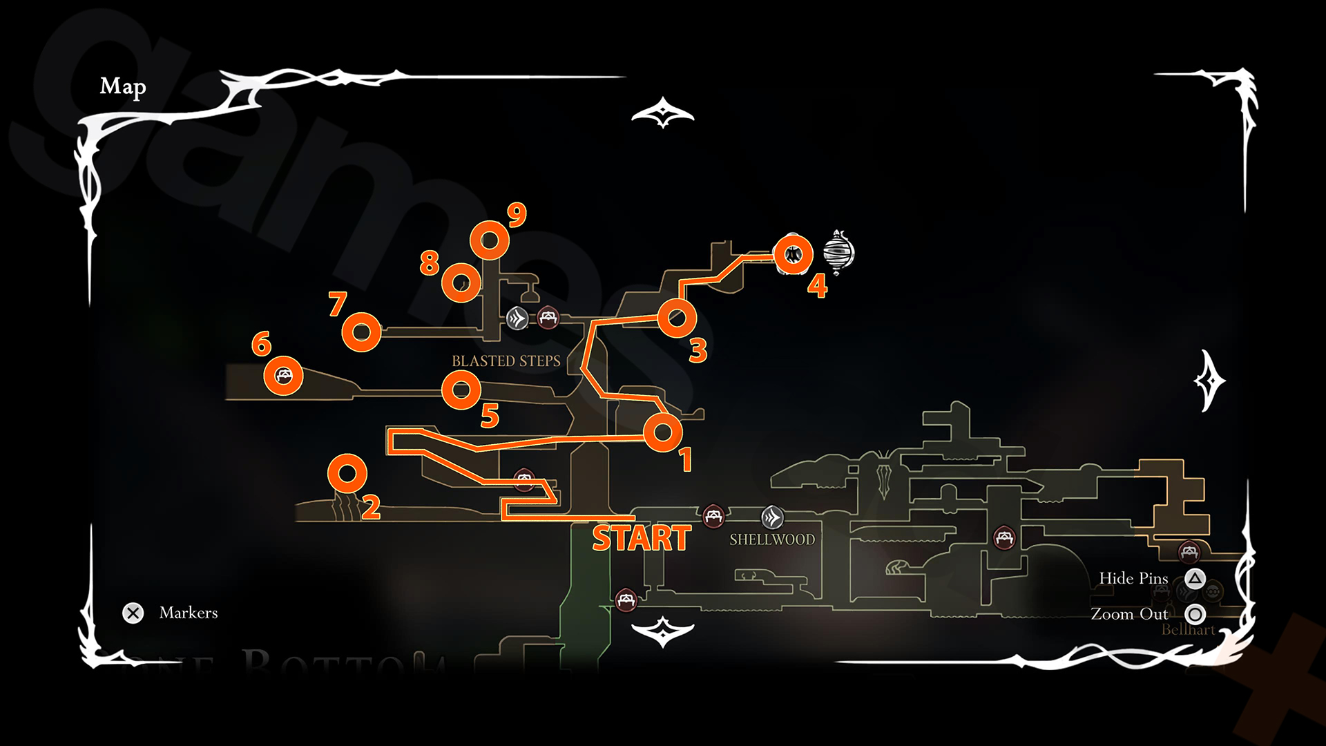 Map of all key locations and the route in Blasted Steps in Silksong