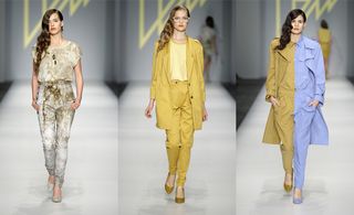 Three females models wearing outfits. Left: A grey/white top and matching trousers. Grey shoes. Middle: A light yellow top with yellow trousers and overcoat. Yellow shoes. Right: A half/half outfit with the left half in beige and the right side in sky blue.
