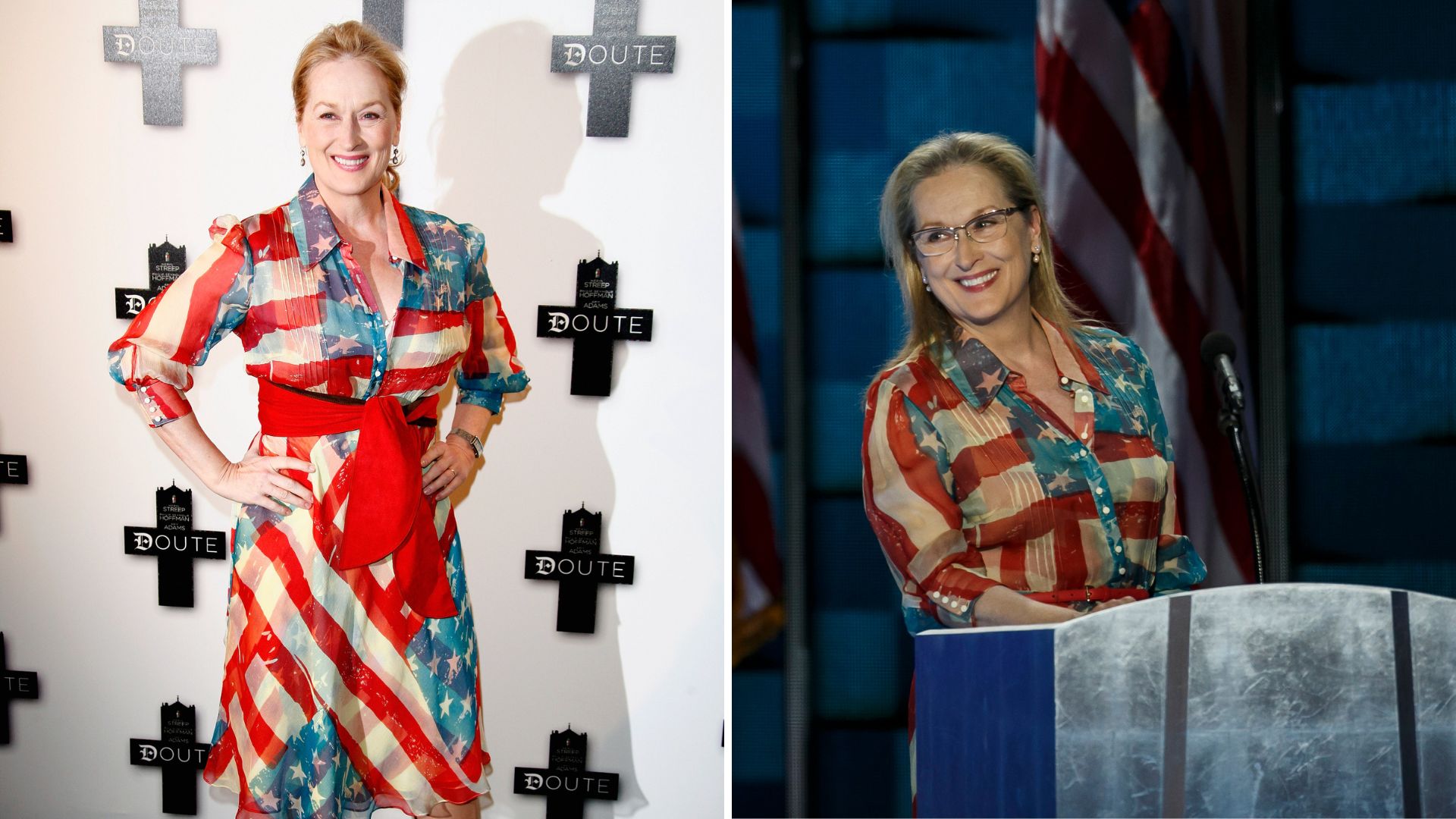 L-Meryl Streep on the Doubt red carpet in 2009, R-Meryl Streep at the 2016 Democratic National Convention