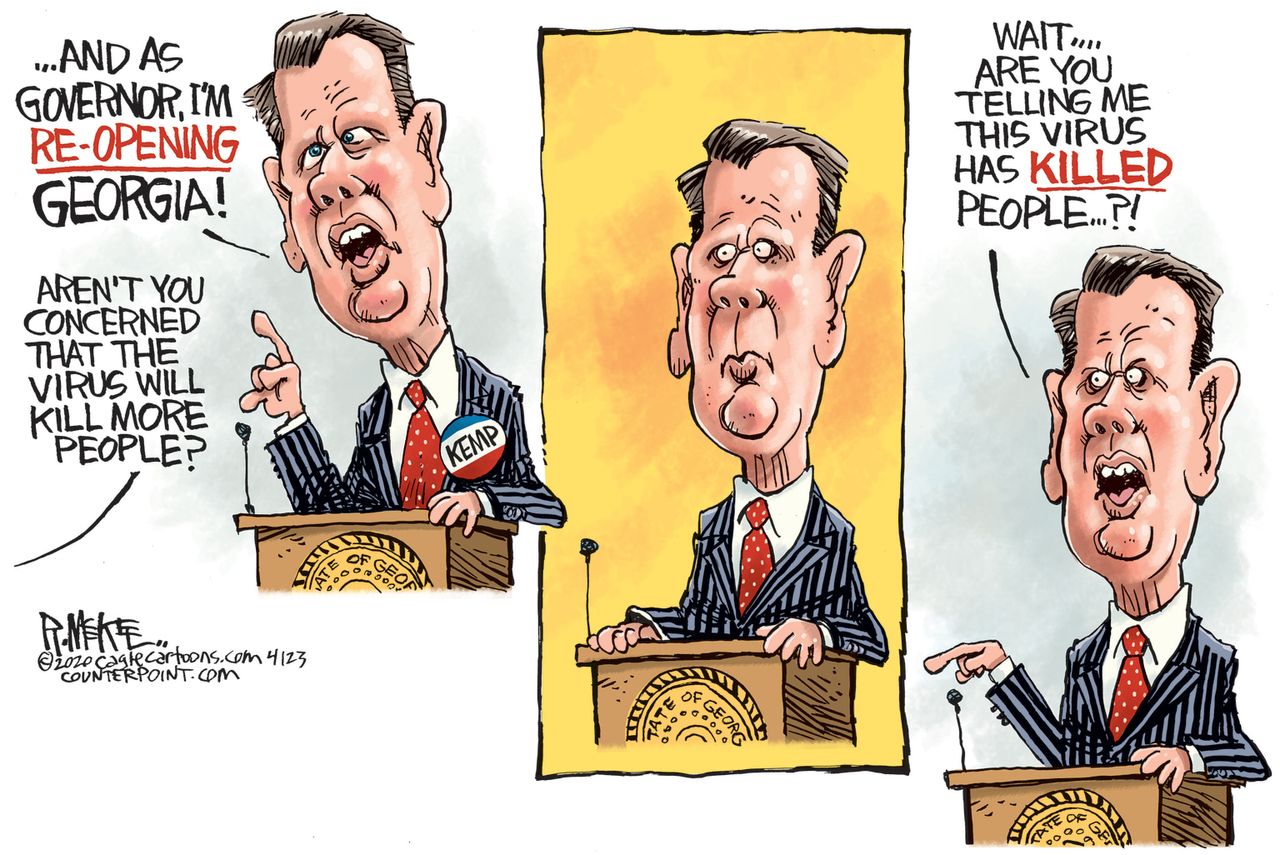 Political Cartoon U.S. Governor Kemp reopens Georgia unaware virus kills