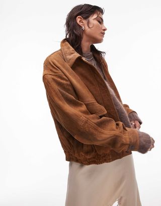 Topshop Premium Real Suede Oversized Bomber Jacket in Tan