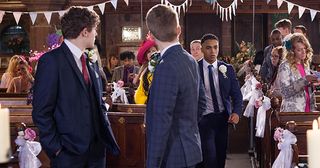 Hunter McQueen waits for Prince at the altar in Hollyoaks.