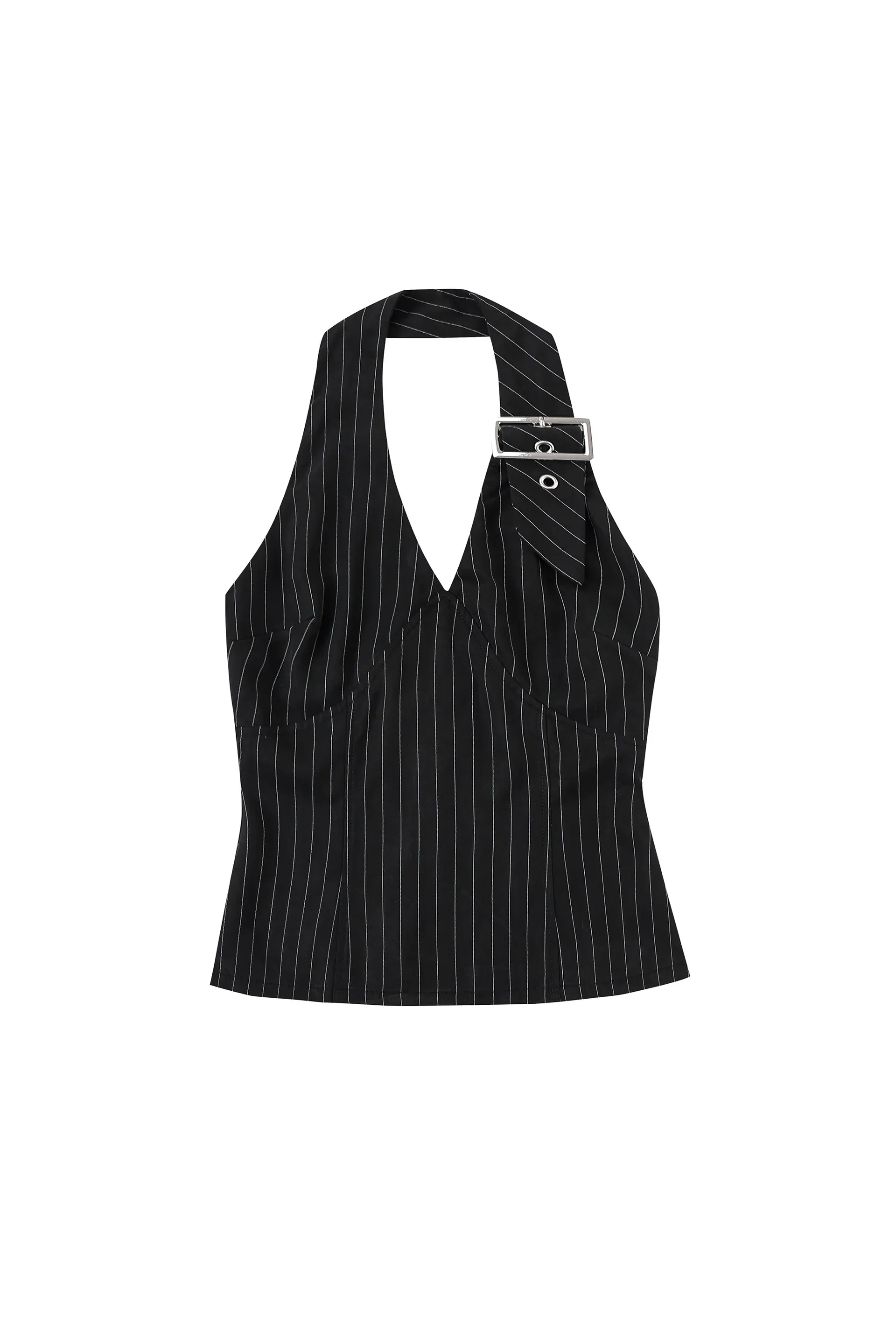 Fashion Brand Company, Buckle Halter Top Tencel Stripe Black