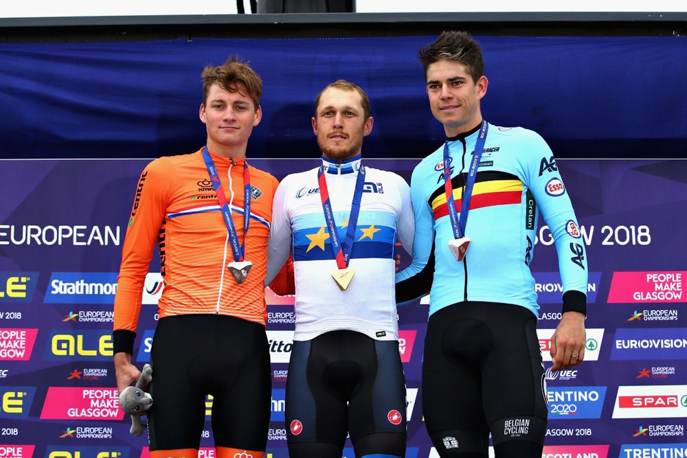 The 2018 European Championships podium (l-r): Mathieu van der Poel, Matteo Trentin, Wout van Aert