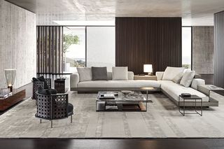 A living room in a contemporary design with long, low furniture