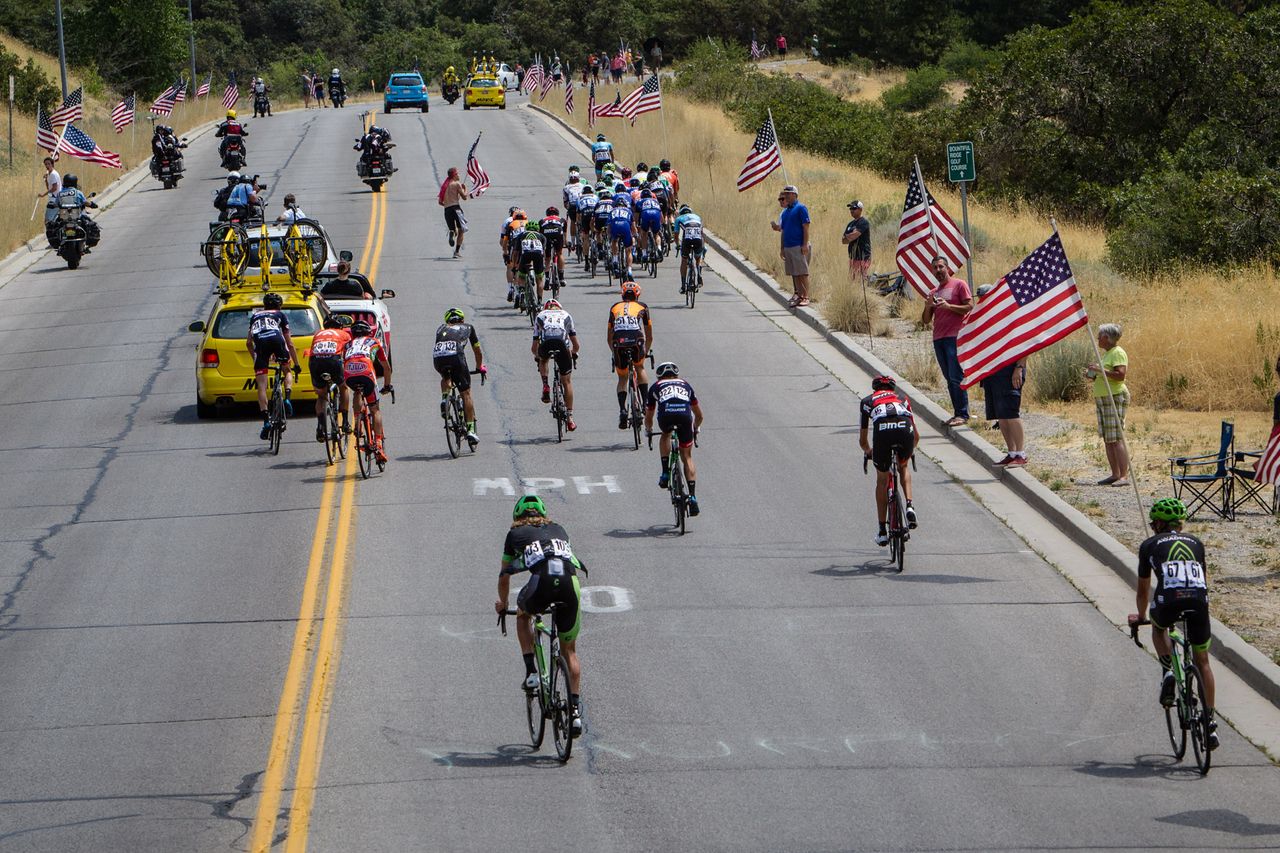 Riders come out the back as the group climb Bountiful Bench