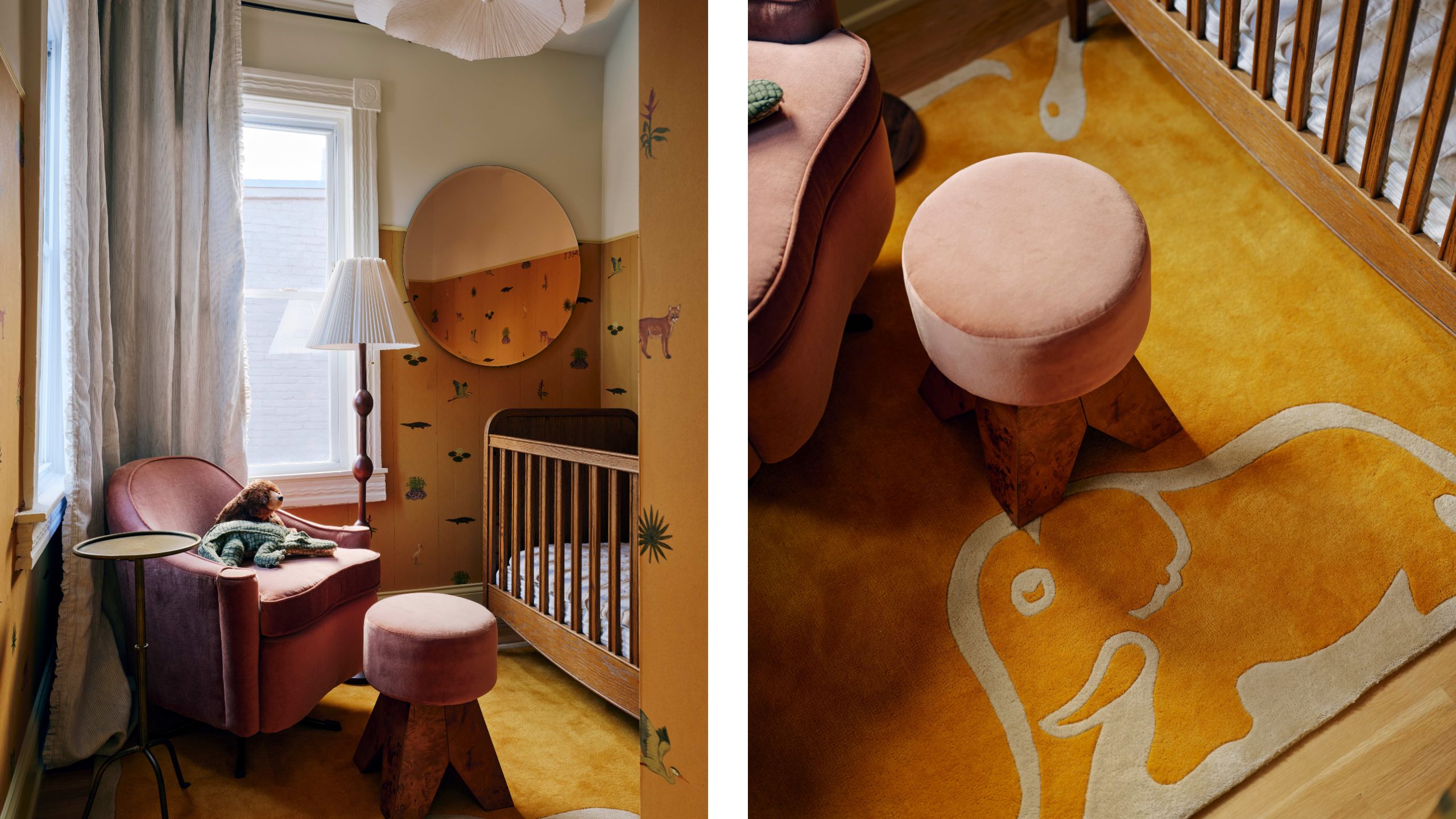 two side by side images of a sunshine yellow and pink nursery with half height wallpaper with animal motifs, wooden cot, pink nursing chair and a yellow rug with elephant motif