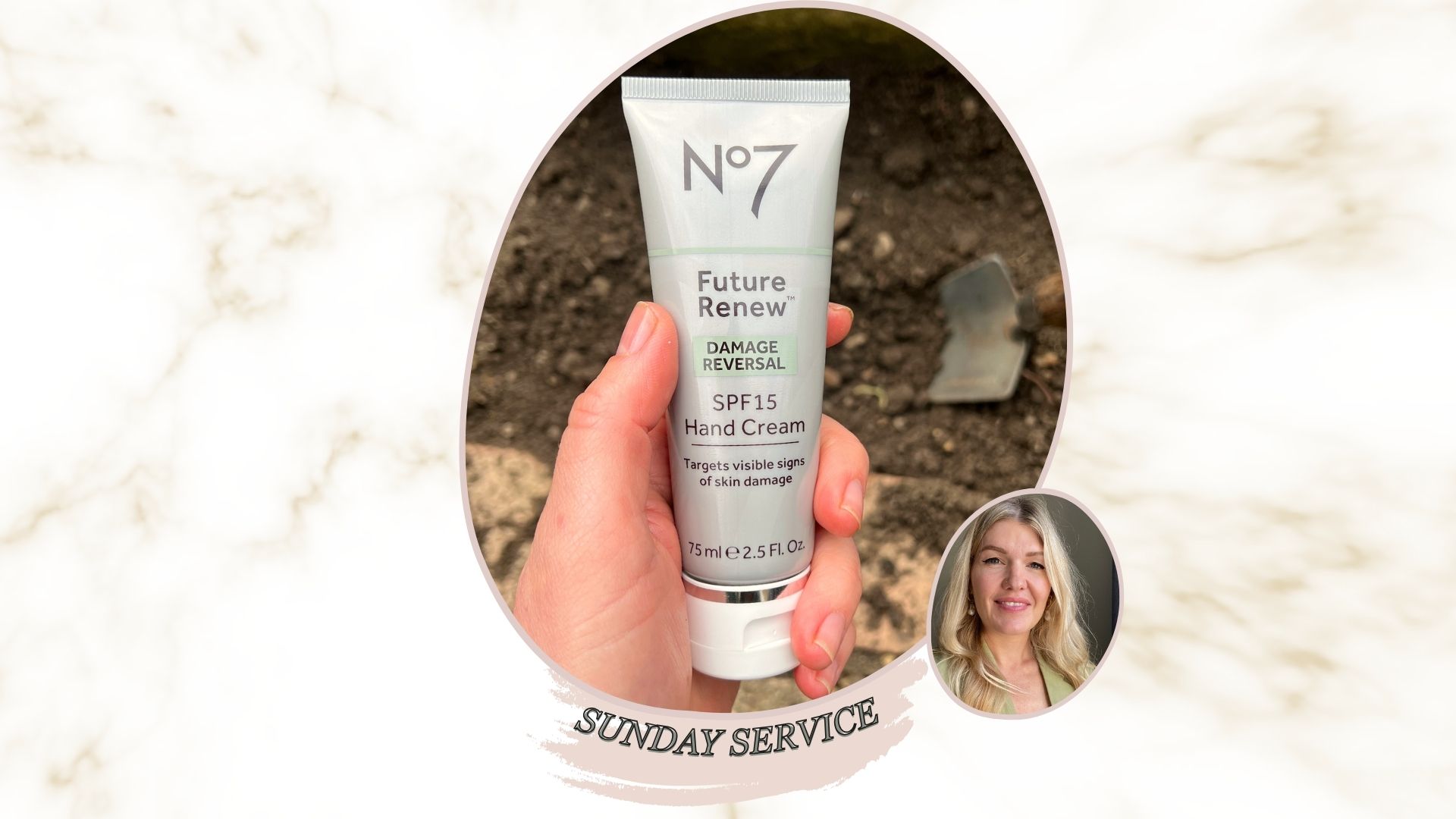  a hand holding no7 future renew hand cream outdoors with some earth and a trowel in the background, next to an image of beauty editor Fiona McKim smiling 