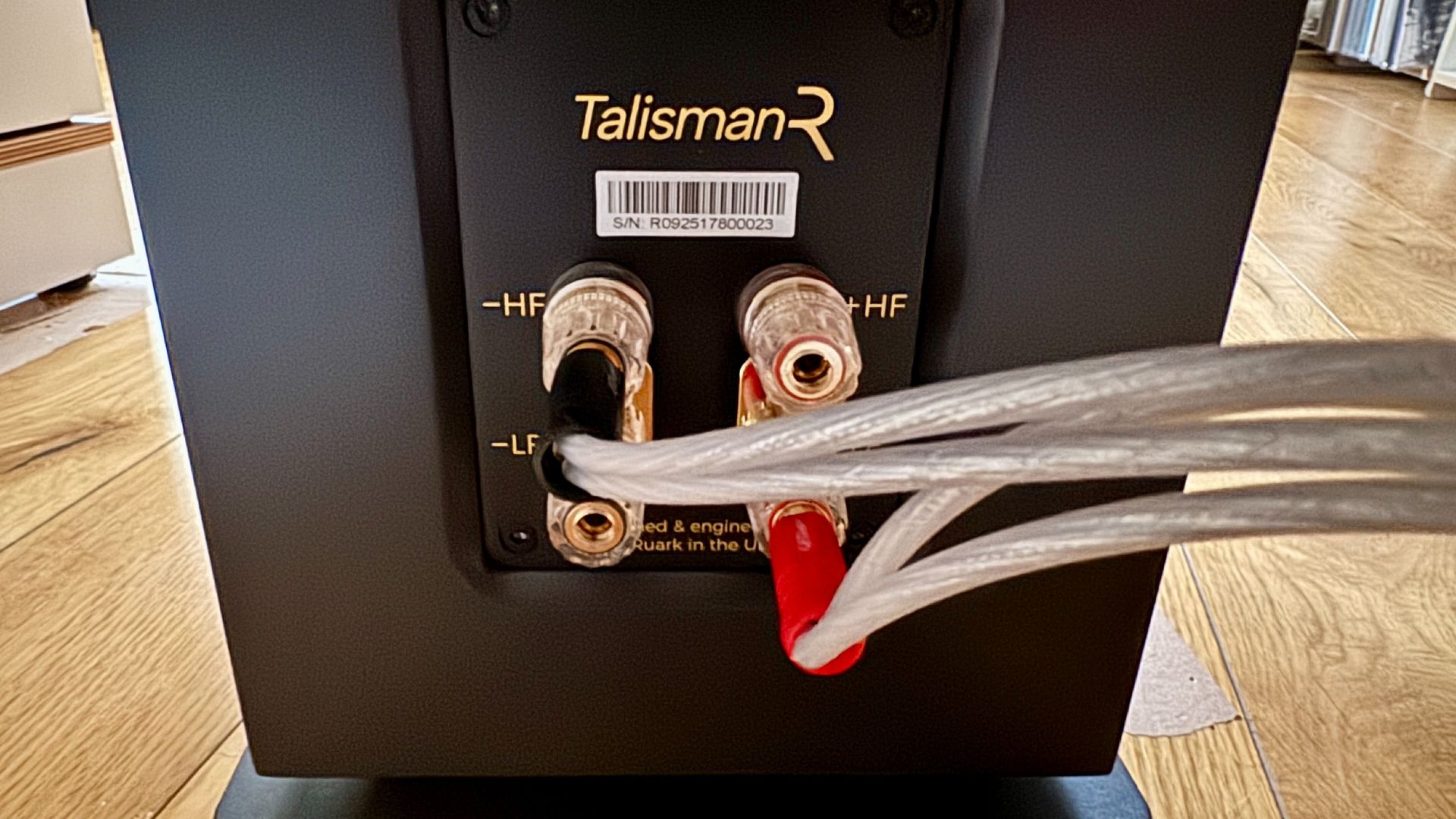 Rear panel of the Ruark AUdio Talisman-R floorstanding speakers, showing cable terminations.