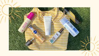 A collection of the best fake tan for mature skin on a beach bag on the grass with a yellow border and illustrated suns