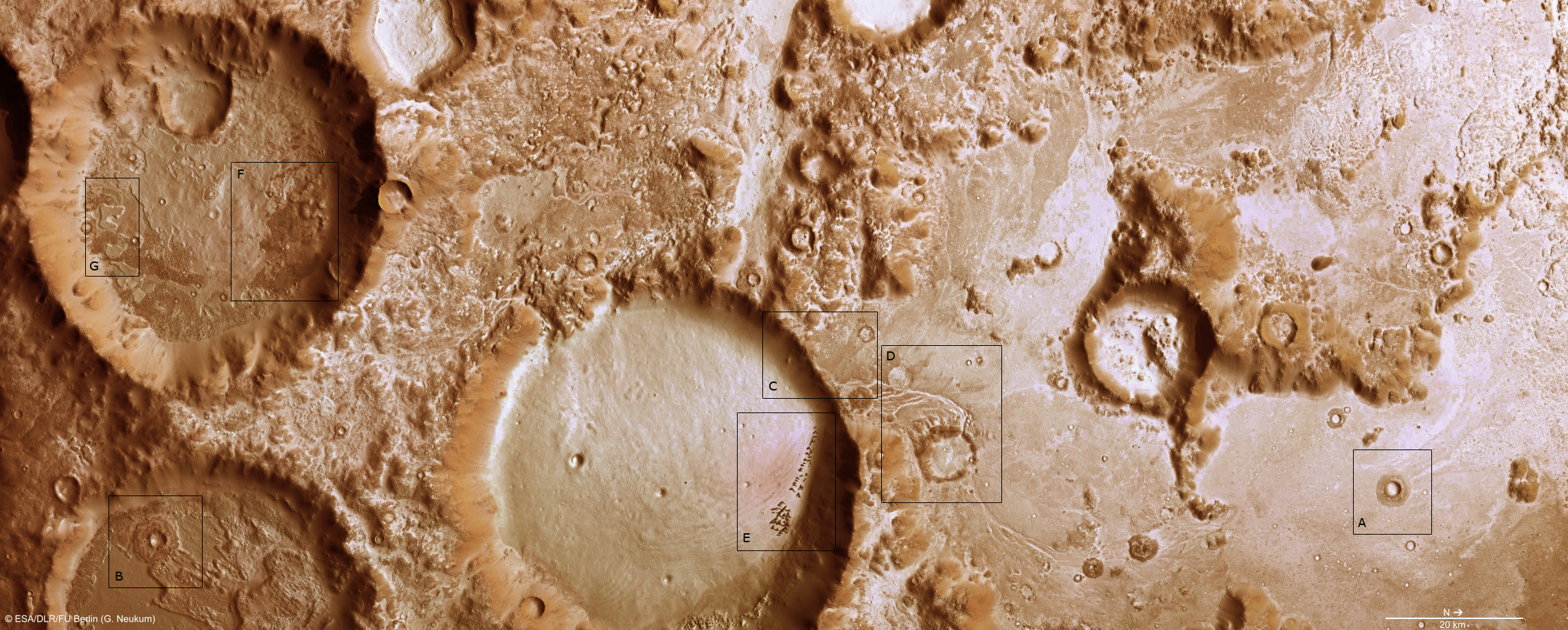 Annotated image of Charitum Montes. The heavily cratered region in this image is at the edge of the mountain range, which itself wraps around the boundary of the Argyre impact basin, the second largest on Mars.