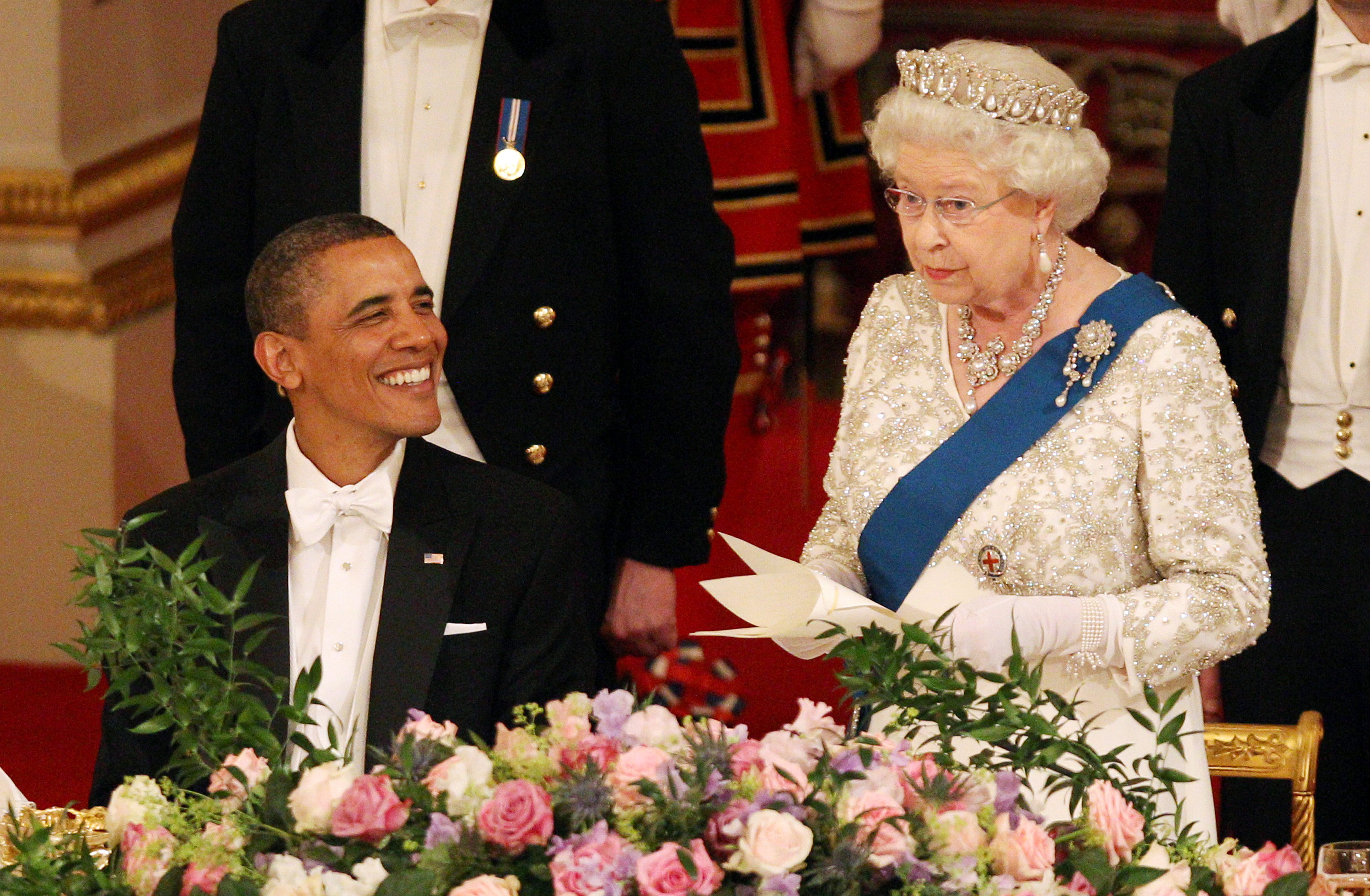Barack Obama and Queen Elizabeth II during a State Banquet in Buckingham Palace on May 24, 2011 in London, England